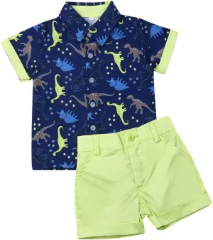 VISGOGO Toddler Baby Boy Flamingo Short Sleeve Button Down Shirt & Casual Shorts Set Summer Outfits 1-6 Years Clothes