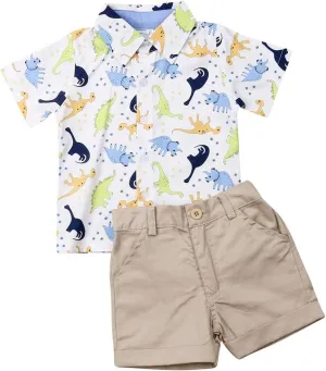 VISGOGO Toddler Baby Boy Flamingo Short Sleeve Button Down Shirt & Casual Shorts Set Summer Outfits 1-6 Years Clothes