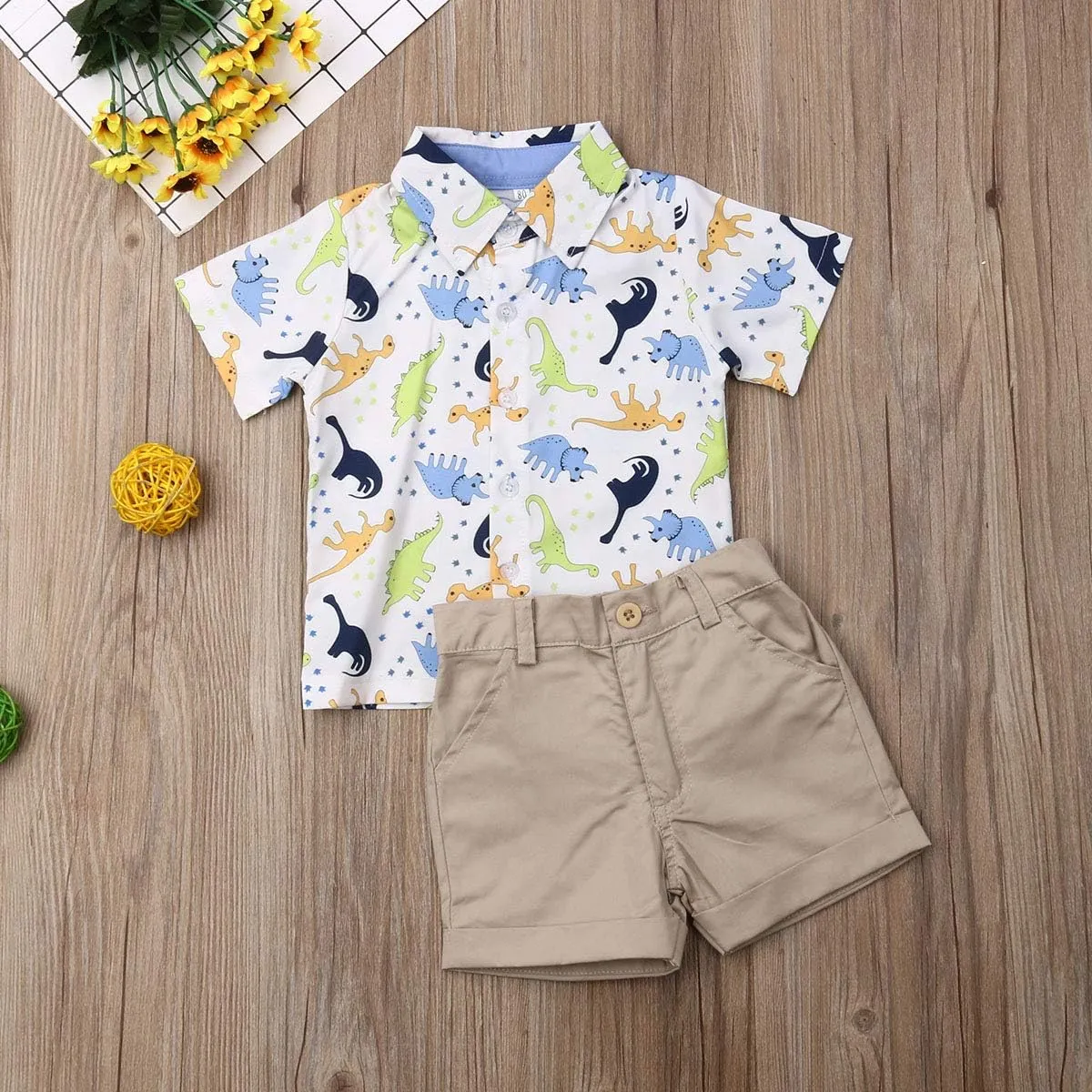 VISGOGO Toddler Baby Boy Flamingo Short Sleeve Button Down Shirt & Casual Shorts Set Summer Outfits 1-6 Years Clothes