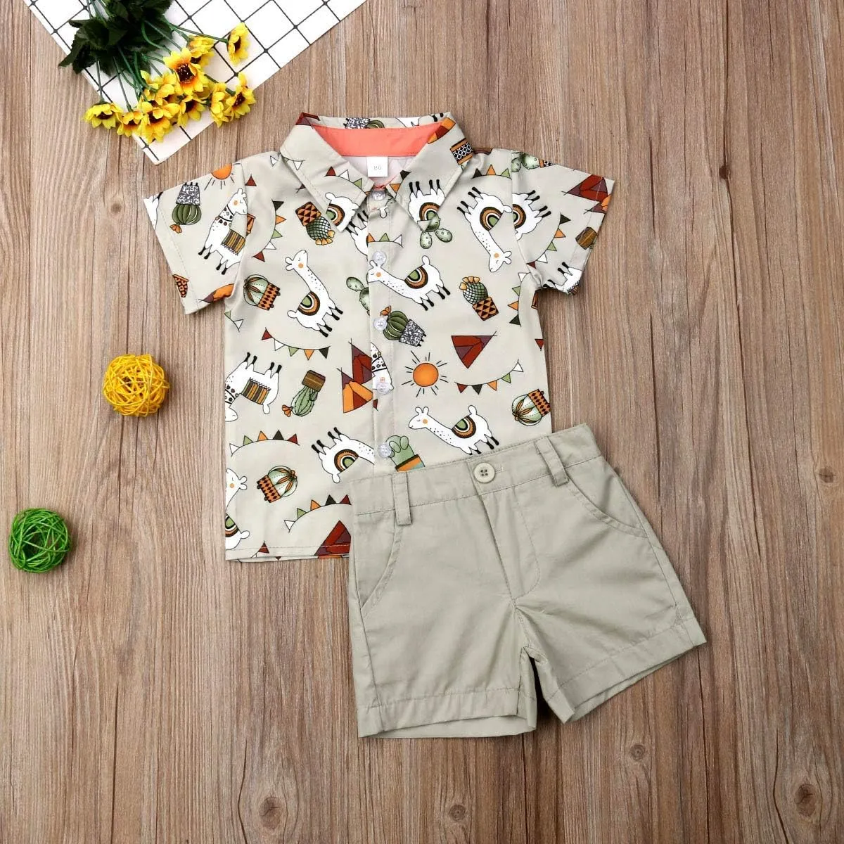 VISGOGO Toddler Baby Boy Flamingo Short Sleeve Button Down Shirt & Casual Shorts Set Summer Outfits 1-6 Years Clothes
