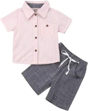 VISGOGO Toddler Baby Boy Flamingo Short Sleeve Button Down Shirt & Casual Shorts Set Summer Outfits 1-6 Years Clothes