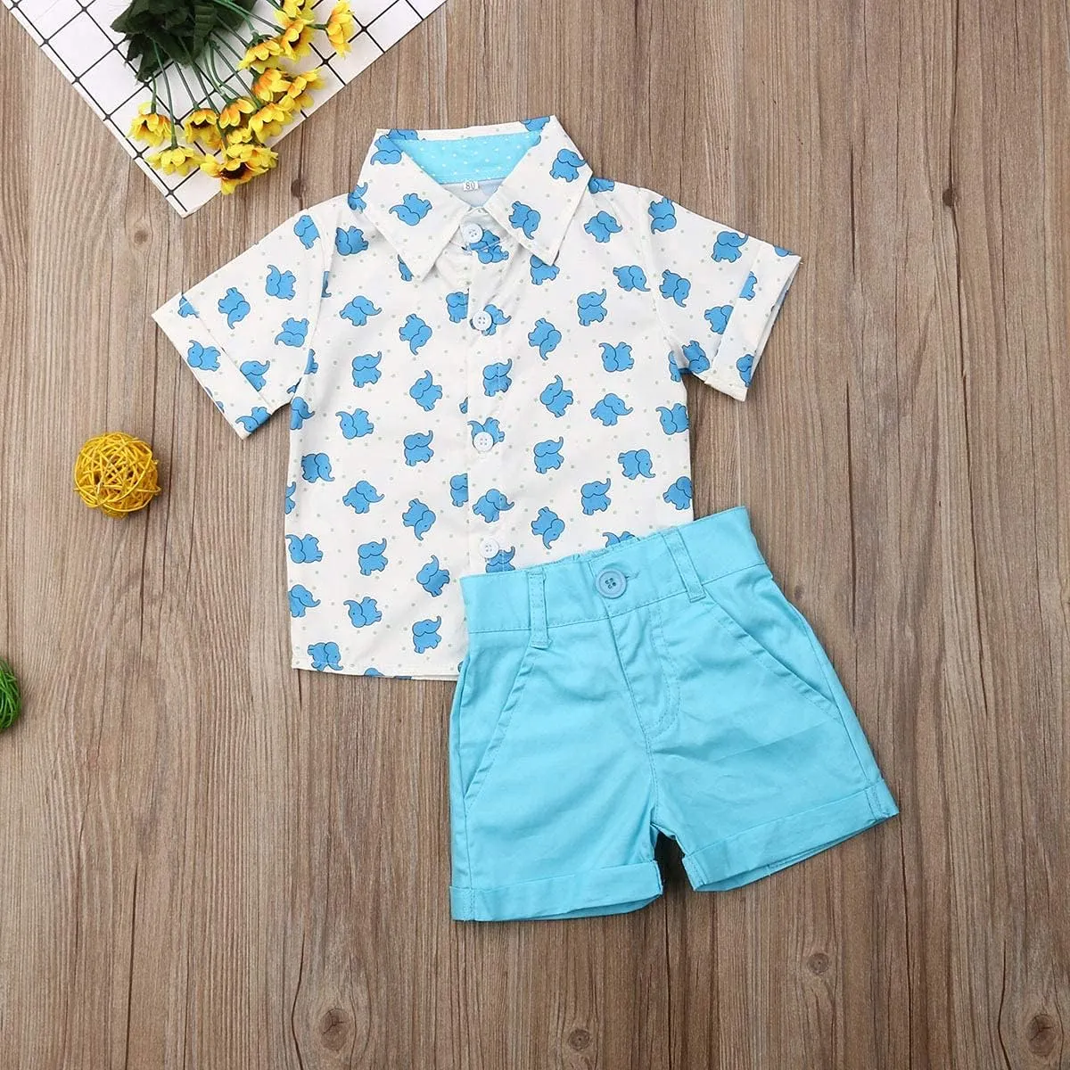 VISGOGO Toddler Baby Boy Flamingo Short Sleeve Button Down Shirt & Casual Shorts Set Summer Outfits 1-6 Years Clothes