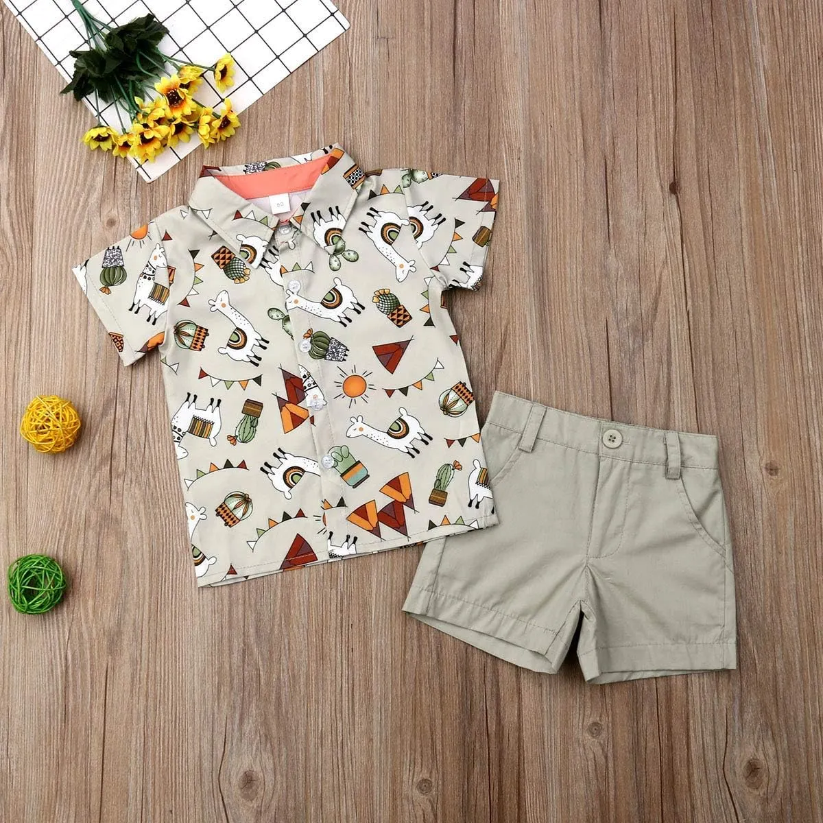 VISGOGO Toddler Baby Boy Flamingo Short Sleeve Button Down Shirt & Casual Shorts Set Summer Outfits 1-6 Years Clothes