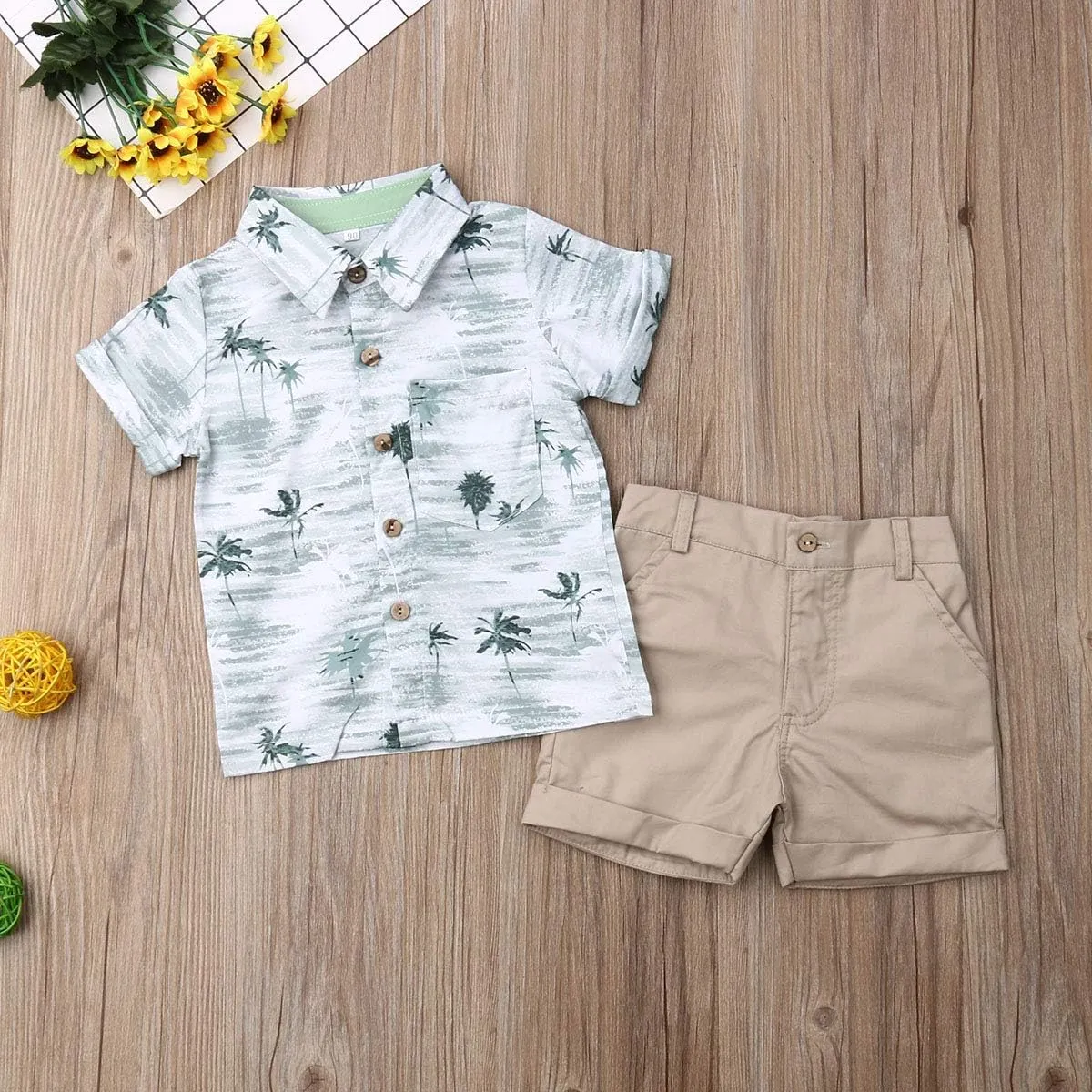 VISGOGO Toddler Baby Boy Flamingo Short Sleeve Button Down Shirt & Casual Shorts Set Summer Outfits 1-6 Years Clothes
