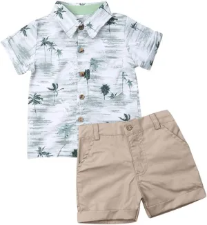 VISGOGO Toddler Baby Boy Flamingo Short Sleeve Button Down Shirt & Casual Shorts Set Summer Outfits 1-6 Years Clothes