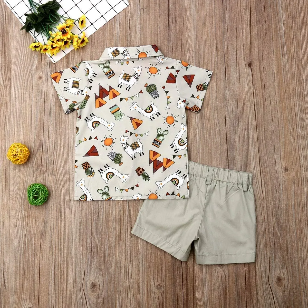 VISGOGO Toddler Baby Boy Flamingo Short Sleeve Button Down Shirt & Casual Shorts Set Summer Outfits 1-6 Years Clothes