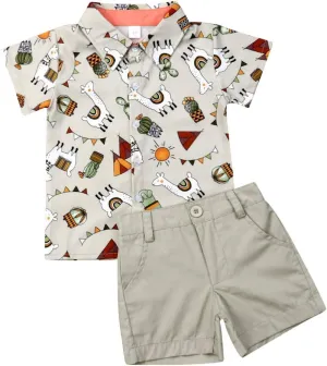 VISGOGO Toddler Baby Boy Flamingo Short Sleeve Button Down Shirt & Casual Shorts Set Summer Outfits 1-6 Years Clothes