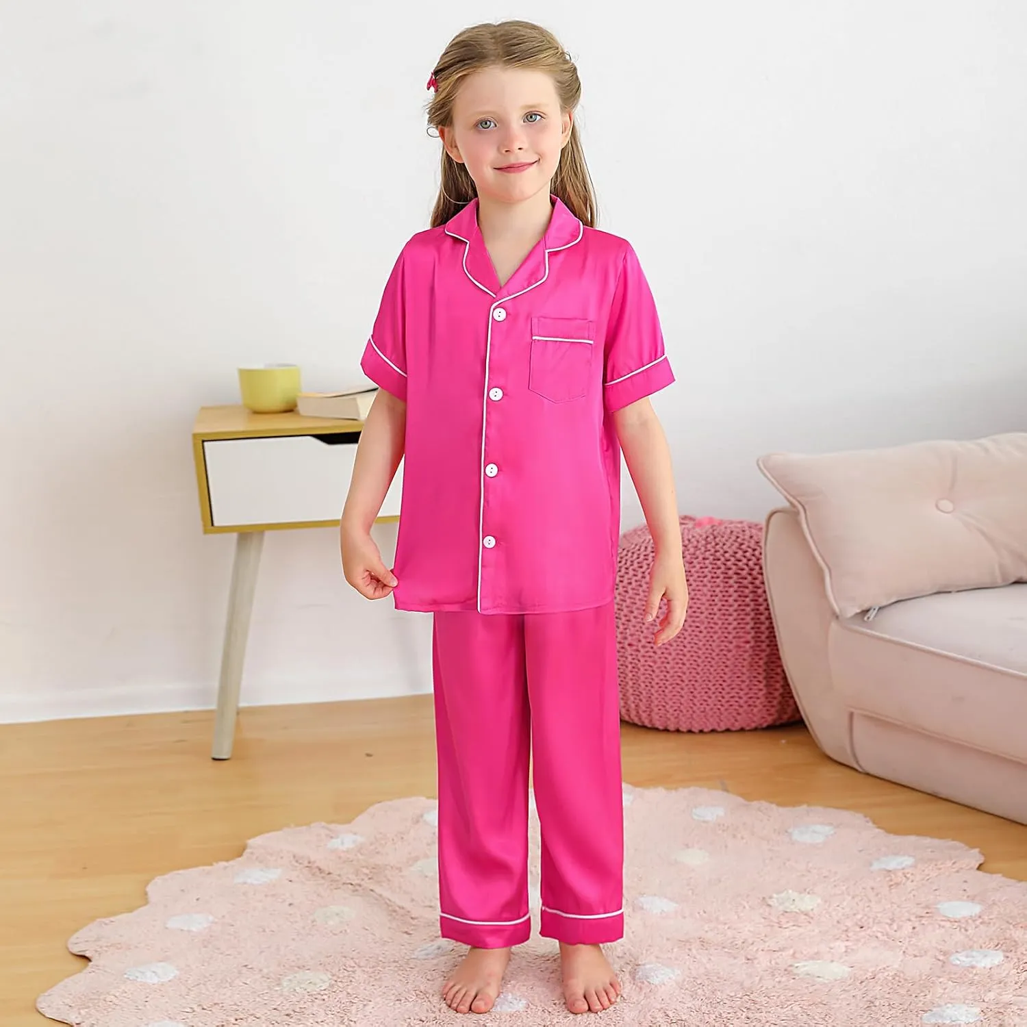 Weixinbuy Girls Pajama Set Silk Satin Pajamas for Kids Girls Boys Button Down Pjs Set Casual Sleepwear Loungewear Gifts
