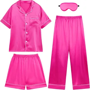 Weixinbuy Girls Pajama Set Silk Satin Pajamas for Kids Girls Boys Button Down Pjs Set Casual Sleepwear Loungewear Gifts