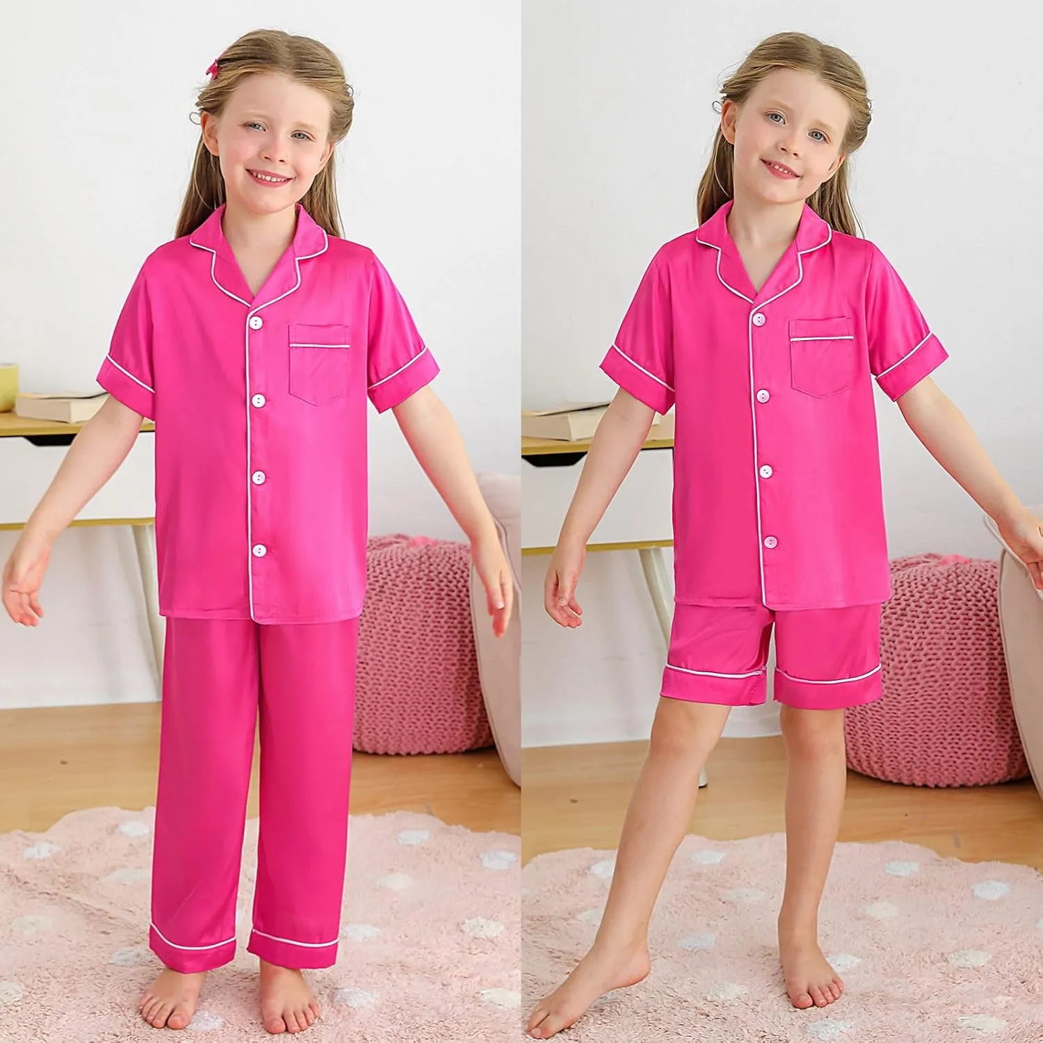 Weixinbuy Girls Pajama Set Silk Satin Pajamas for Kids Girls Boys Button Down Pjs Set Casual Sleepwear Loungewear Gifts