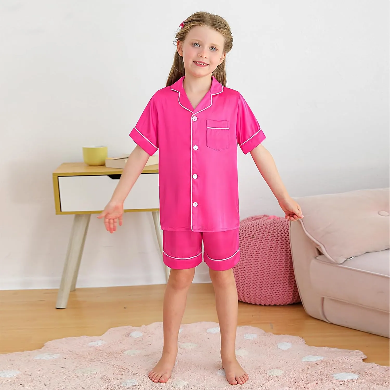Weixinbuy Girls Pajama Set Silk Satin Pajamas for Kids Girls Boys Button Down Pjs Set Casual Sleepwear Loungewear Gifts