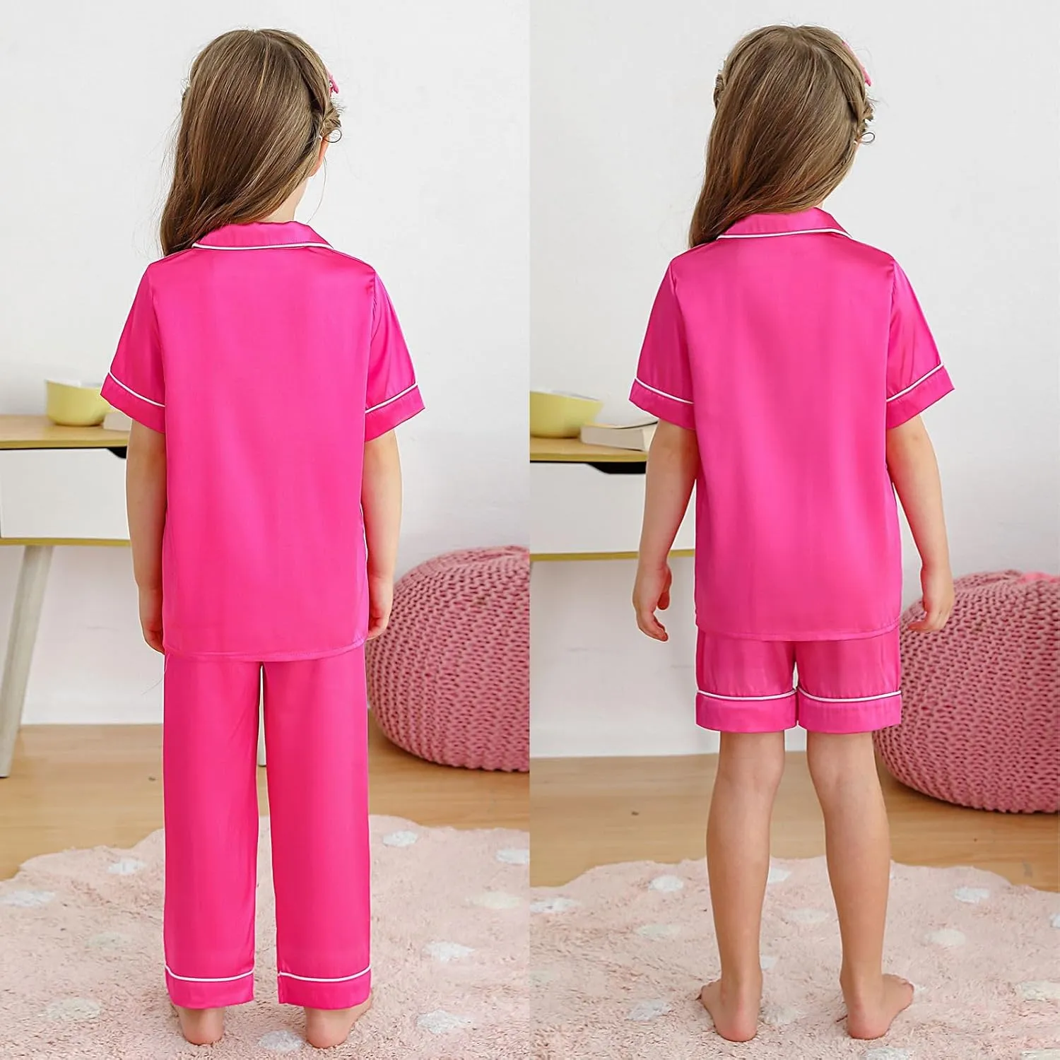 Weixinbuy Girls Pajama Set Silk Satin Pajamas for Kids Girls Boys Button Down Pjs Set Casual Sleepwear Loungewear Gifts