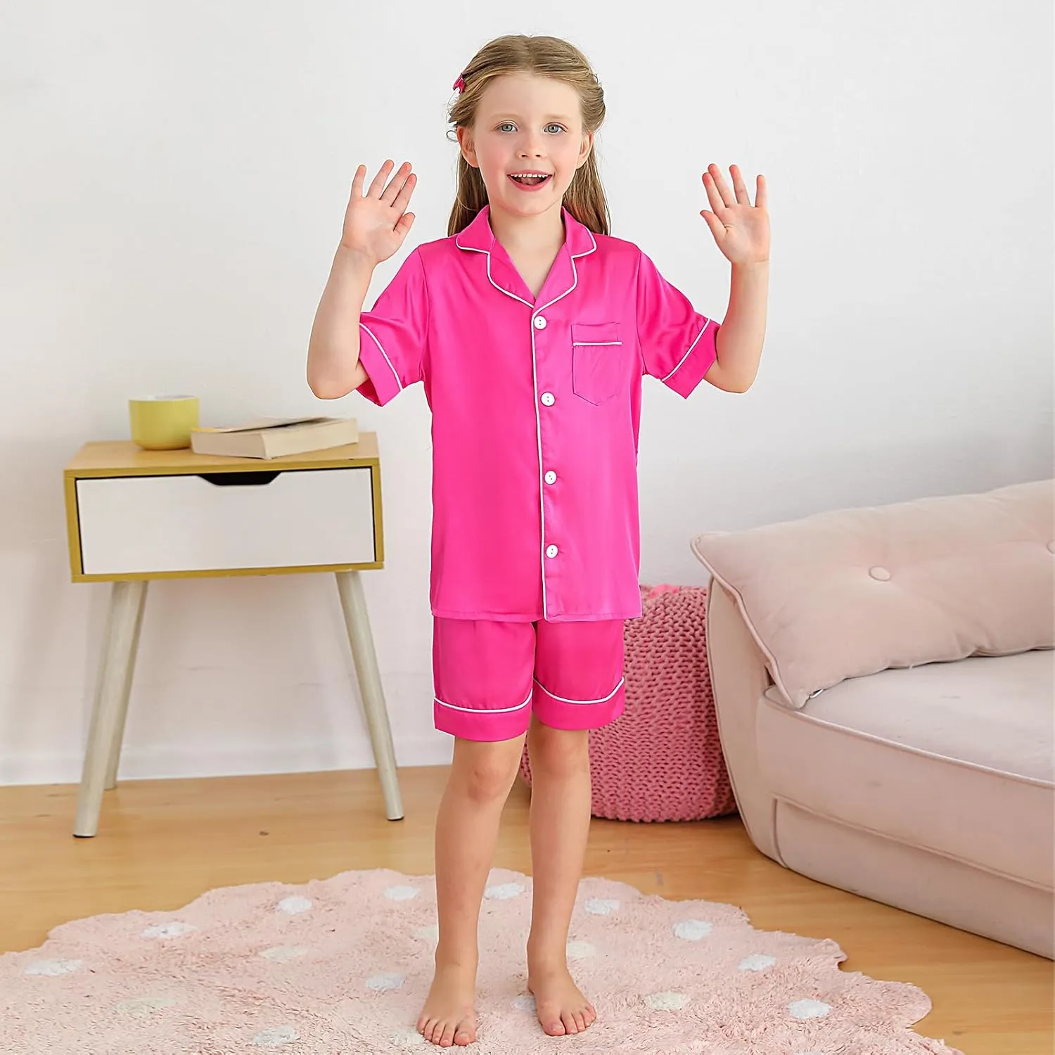 Weixinbuy Girls Pajama Set Silk Satin Pajamas for Kids Girls Boys Button Down Pjs Set Casual Sleepwear Loungewear Gifts
