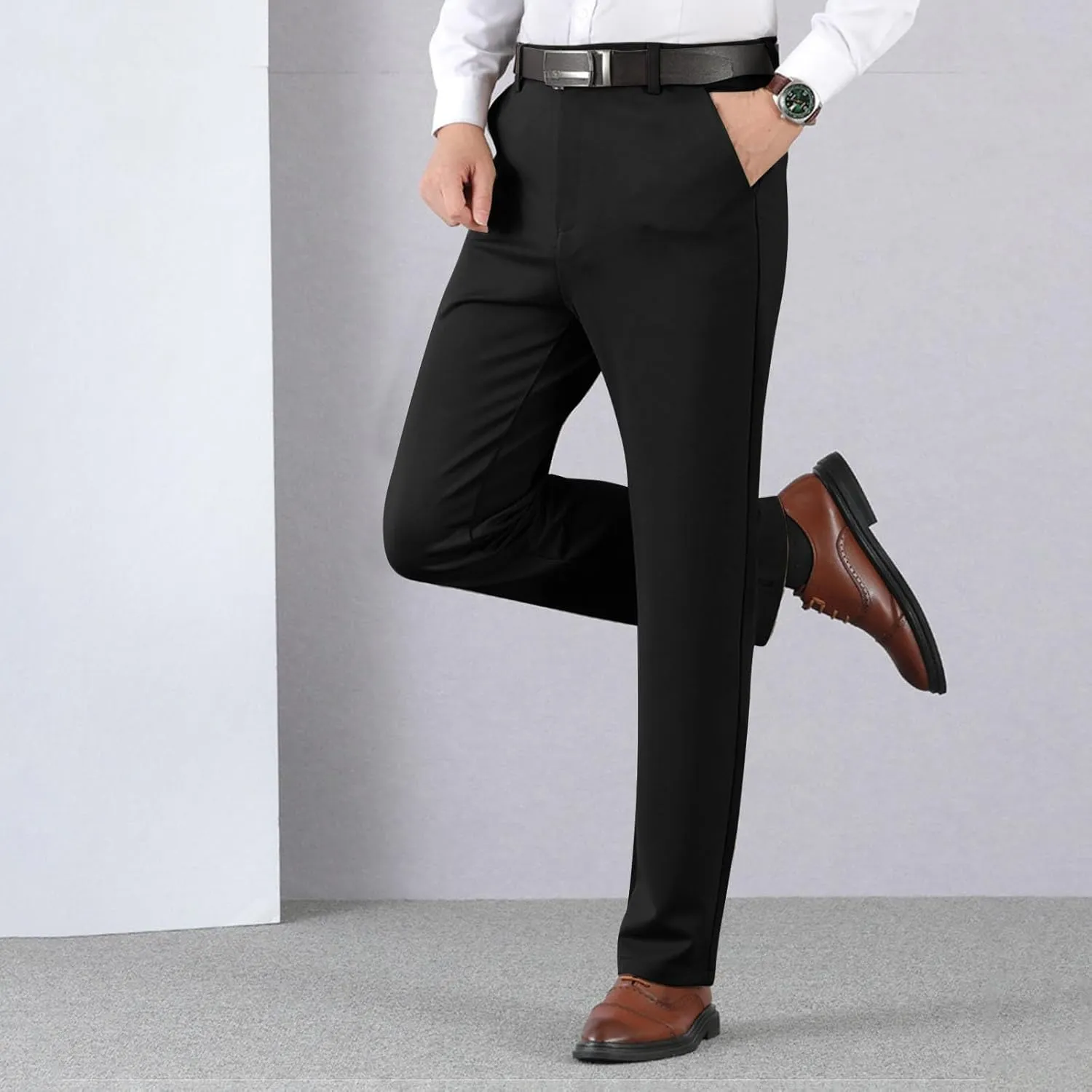 Wide Leg Pants for Men High Waist Straight Leg Zipper Pants Business Casual Pull on Office Work Trousers