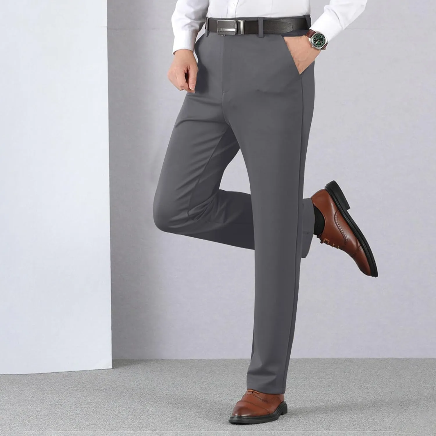 Wide Leg Pants for Men High Waist Straight Leg Zipper Pants Business Casual Pull on Office Work Trousers