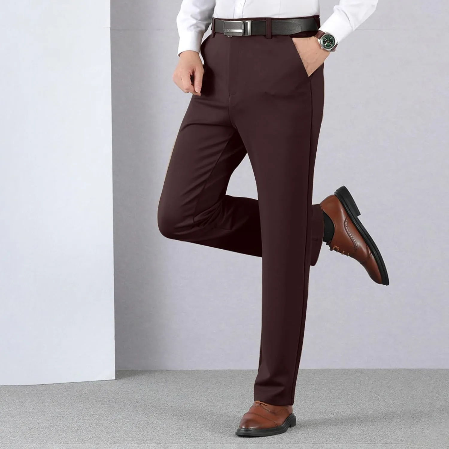Wide Leg Pants for Men High Waist Straight Leg Zipper Pants Business Casual Pull on Office Work Trousers