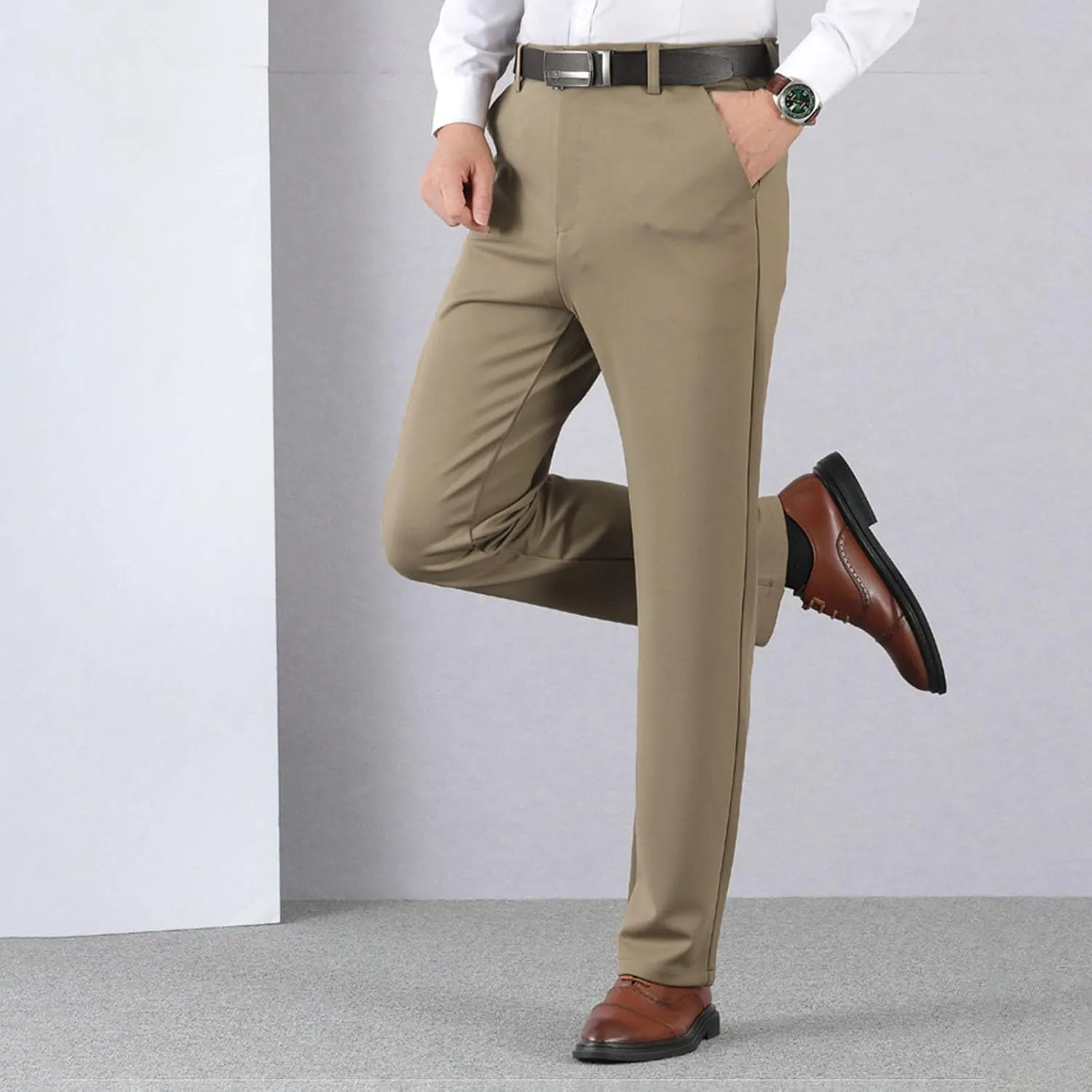 Wide Leg Pants for Men High Waist Straight Leg Zipper Pants Business Casual Pull on Office Work Trousers