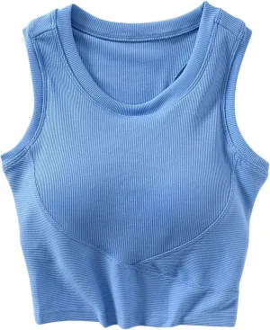 Wmens Crop Tank Tops with Built in Bra Sexy Basic Shelf Bras Yoga Shirts Slim High Neck Padded Camisoles Undershirt