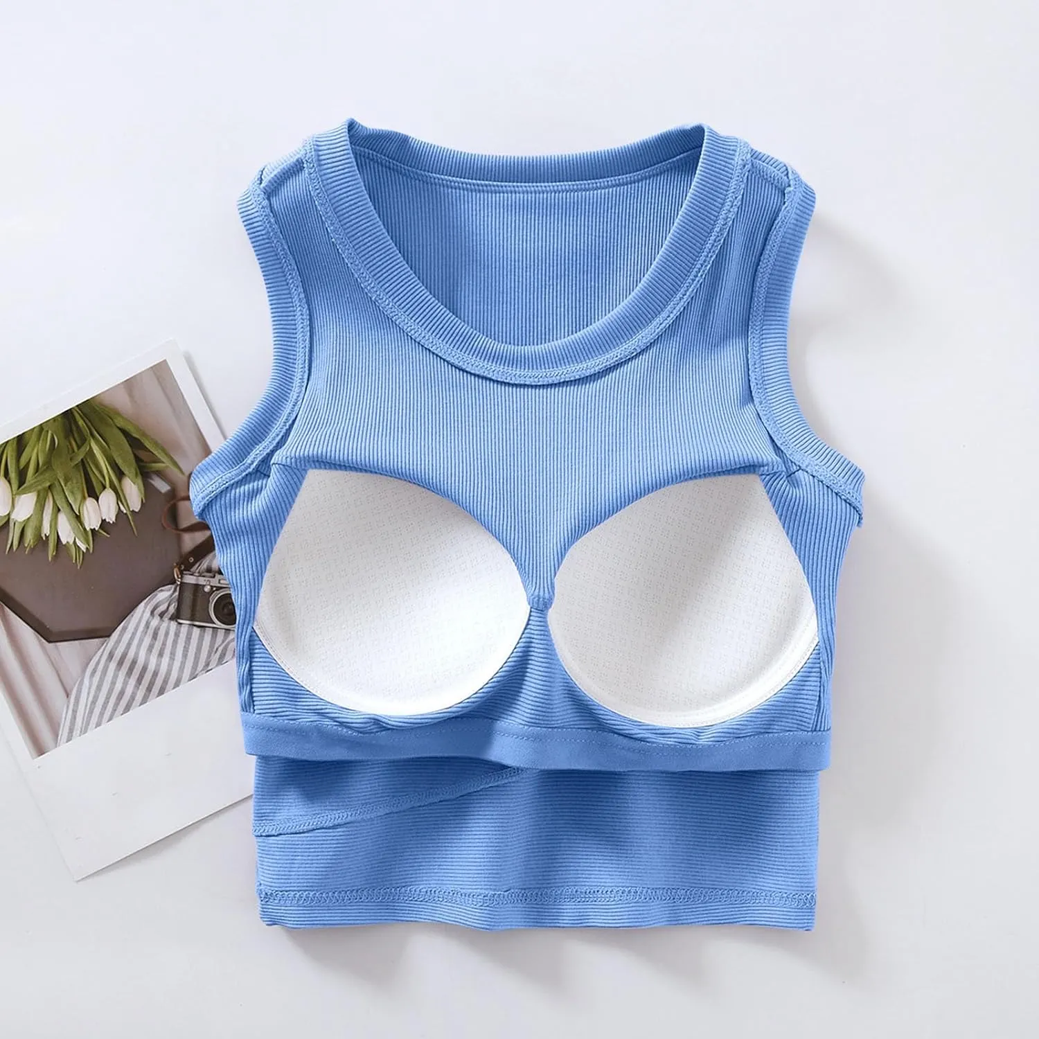 Wmens Crop Tank Tops with Built in Bra Sexy Basic Shelf Bras Yoga Shirts Slim High Neck Padded Camisoles Undershirt