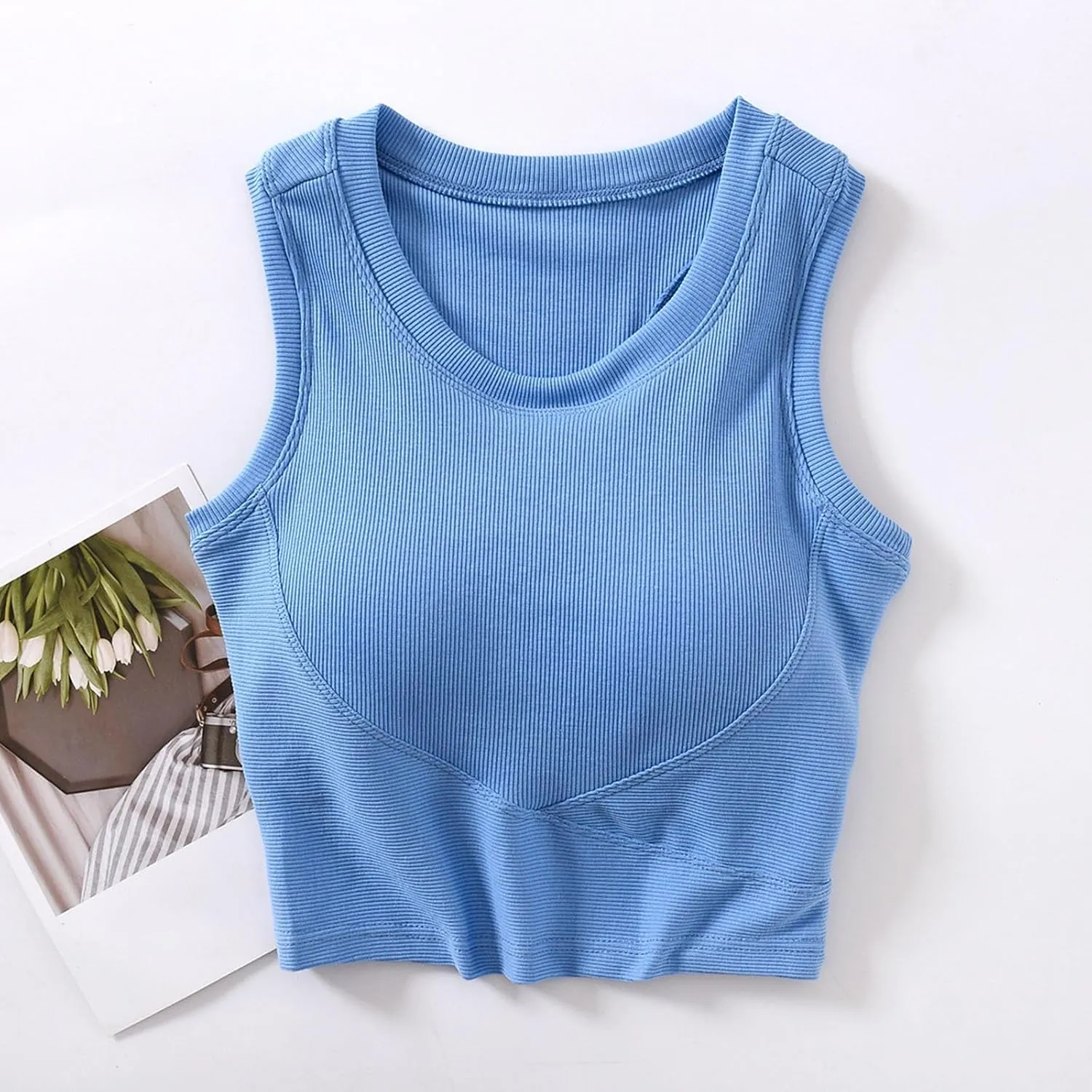 Wmens Crop Tank Tops with Built in Bra Sexy Basic Shelf Bras Yoga Shirts Slim High Neck Padded Camisoles Undershirt