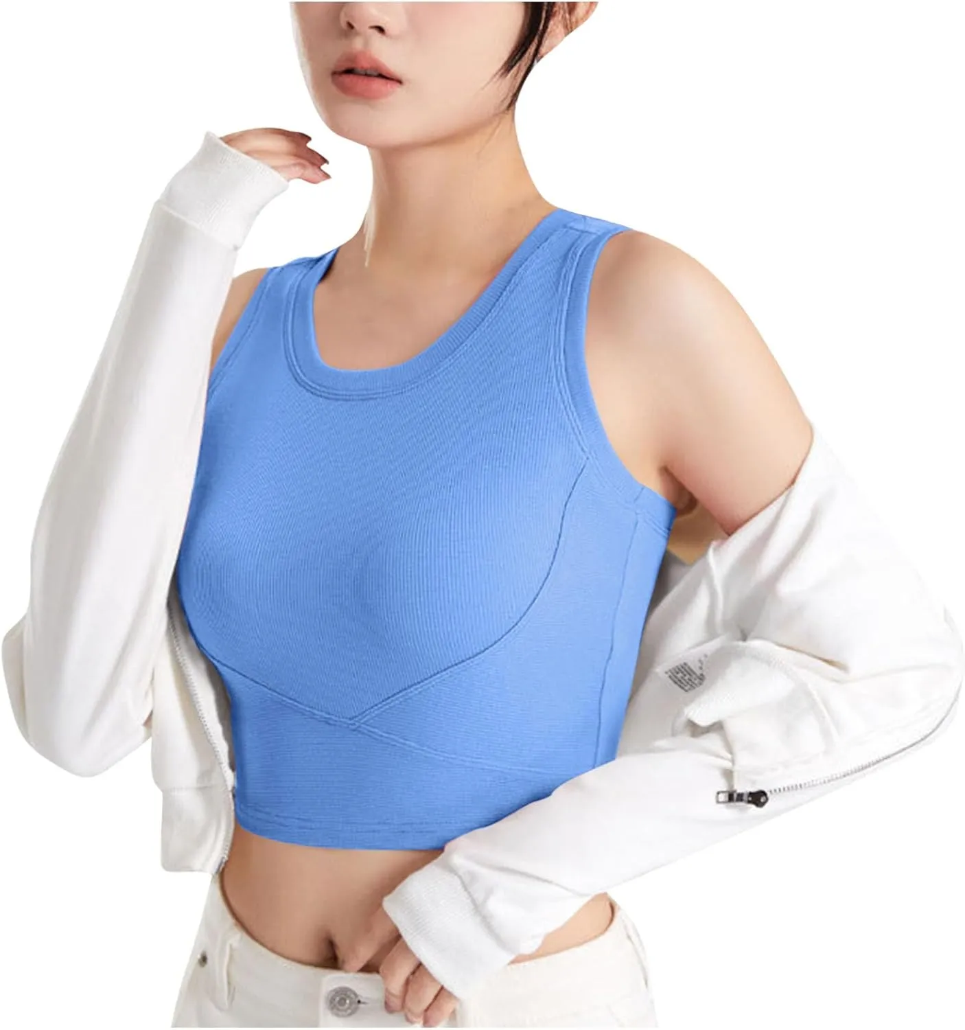 Wmens Crop Tank Tops with Built in Bra Sexy Basic Shelf Bras Yoga Shirts Slim High Neck Padded Camisoles Undershirt