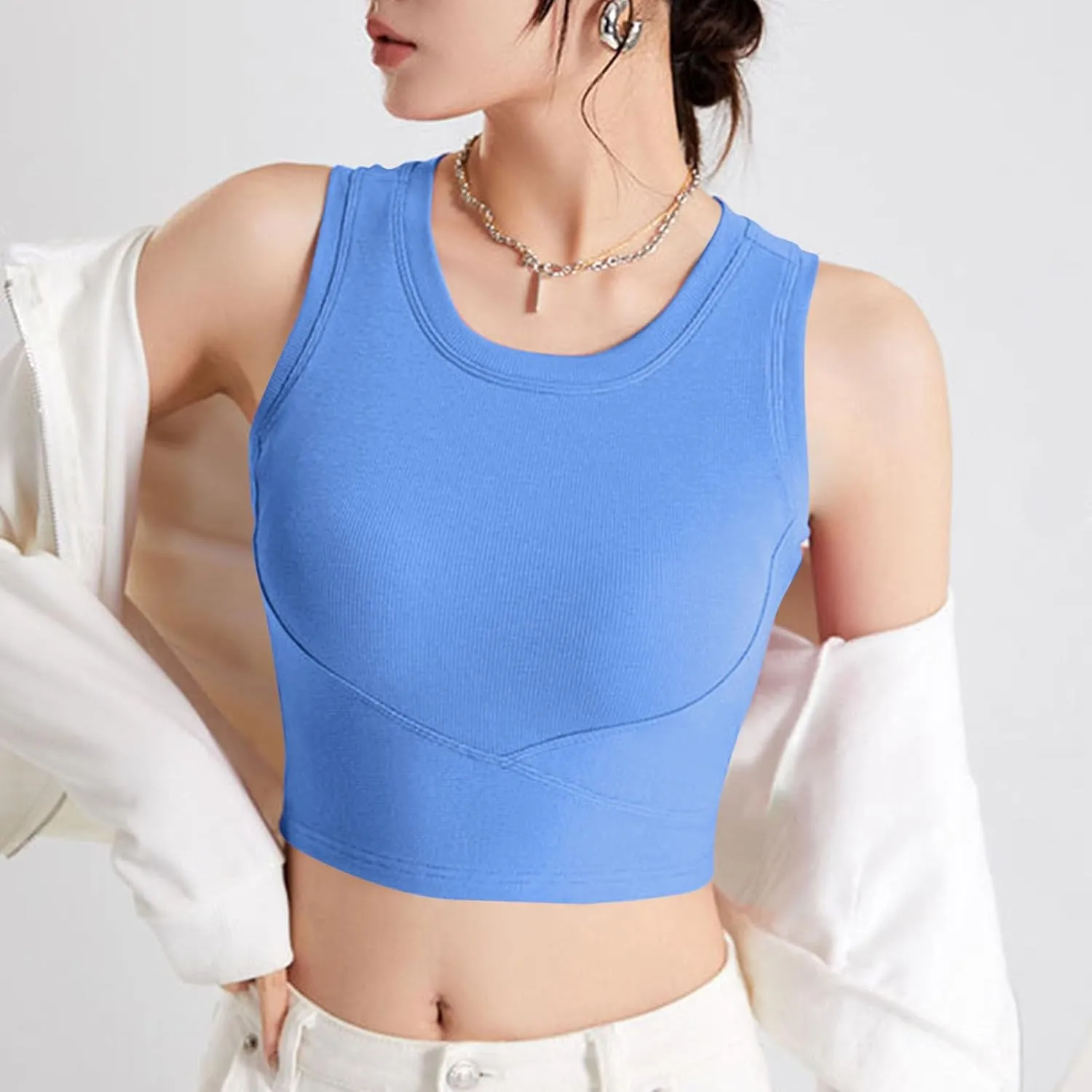 Wmens Crop Tank Tops with Built in Bra Sexy Basic Shelf Bras Yoga Shirts Slim High Neck Padded Camisoles Undershirt
