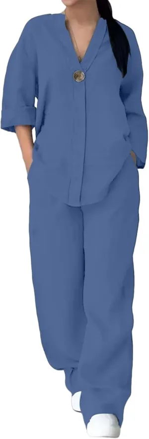 Women 2 Piece Cotton Linen Outfits Lightweight 3/4 Sleeve Crewneck Tunic Tops High Waist Long Pants Sets