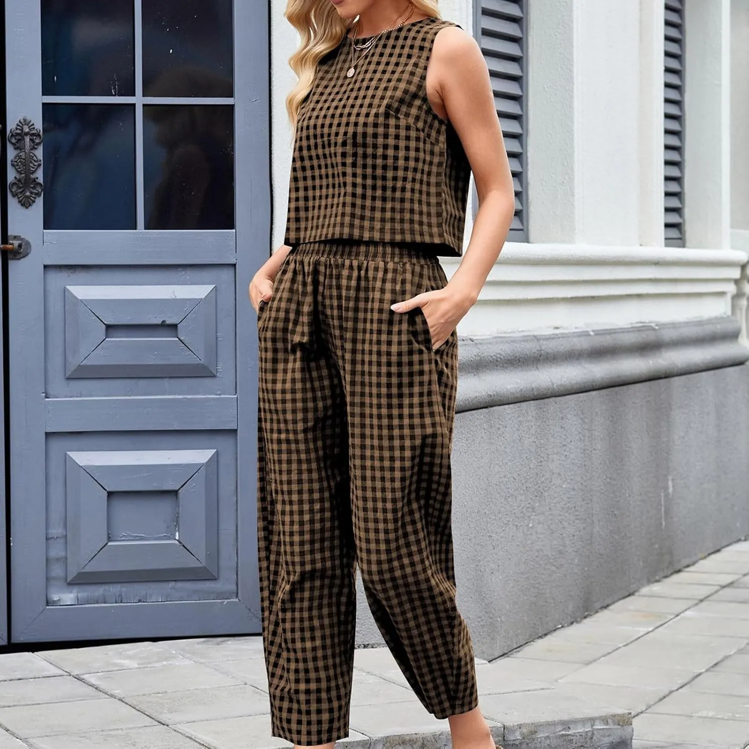 Women 2 Piece Summer Outfit Plaid Lounge Wear Sets Sleeveless Crop Tank Tops and Long Pant Set with Pocket Tracksuit