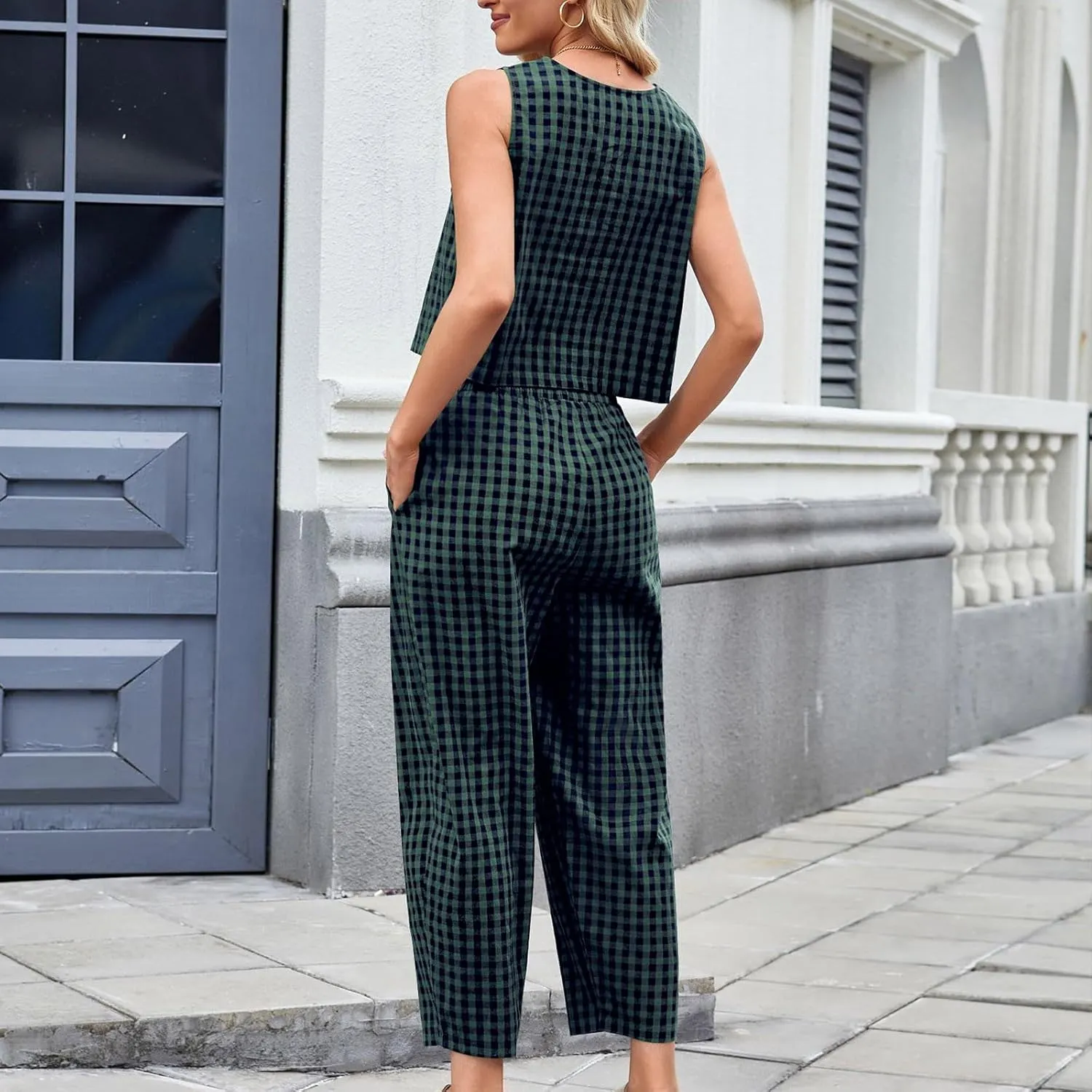 Women 2 Piece Summer Outfit Plaid Lounge Wear Sets Sleeveless Crop Tank Tops and Long Pant Set with Pocket Tracksuit