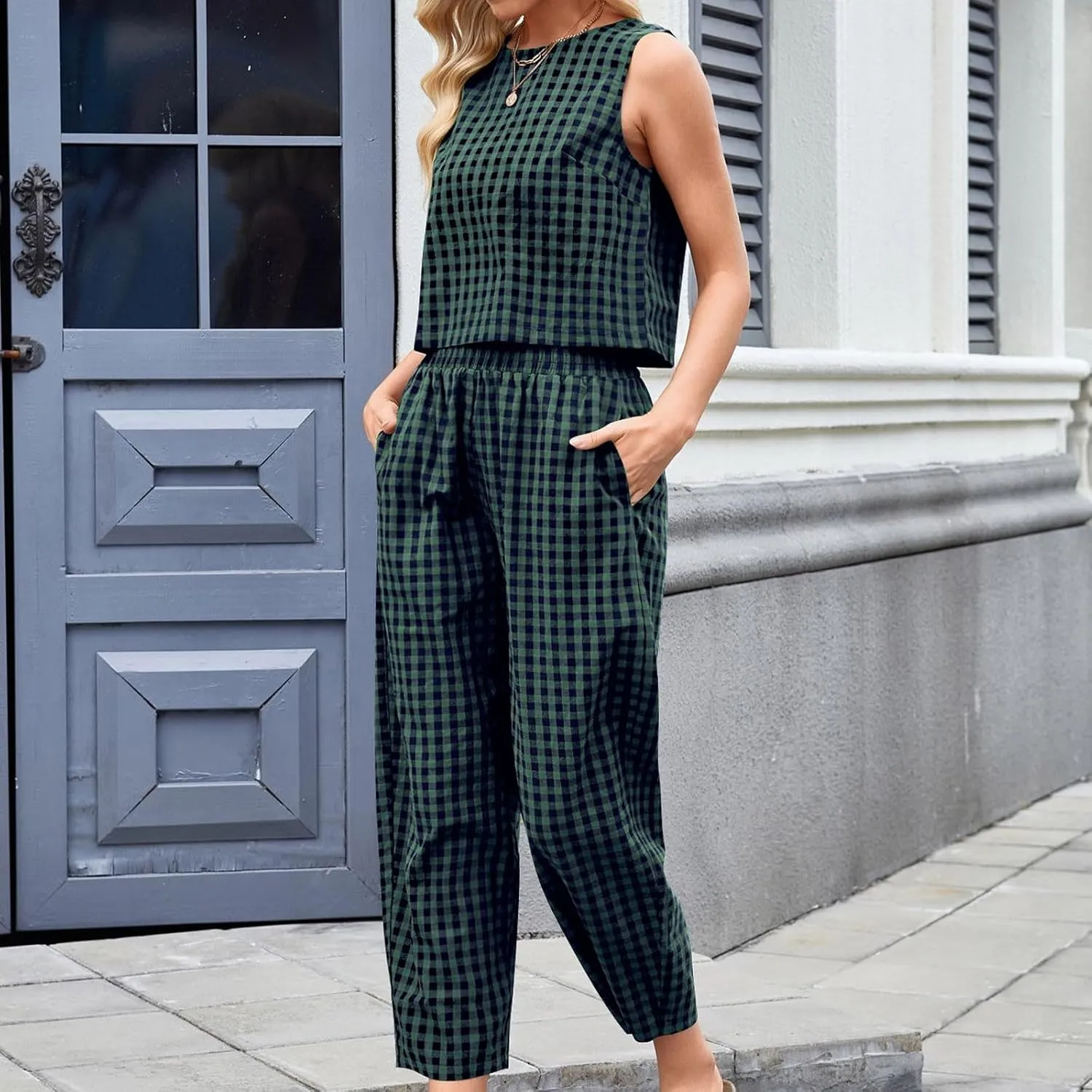 Women 2 Piece Summer Outfit Plaid Lounge Wear Sets Sleeveless Crop Tank Tops and Long Pant Set with Pocket Tracksuit