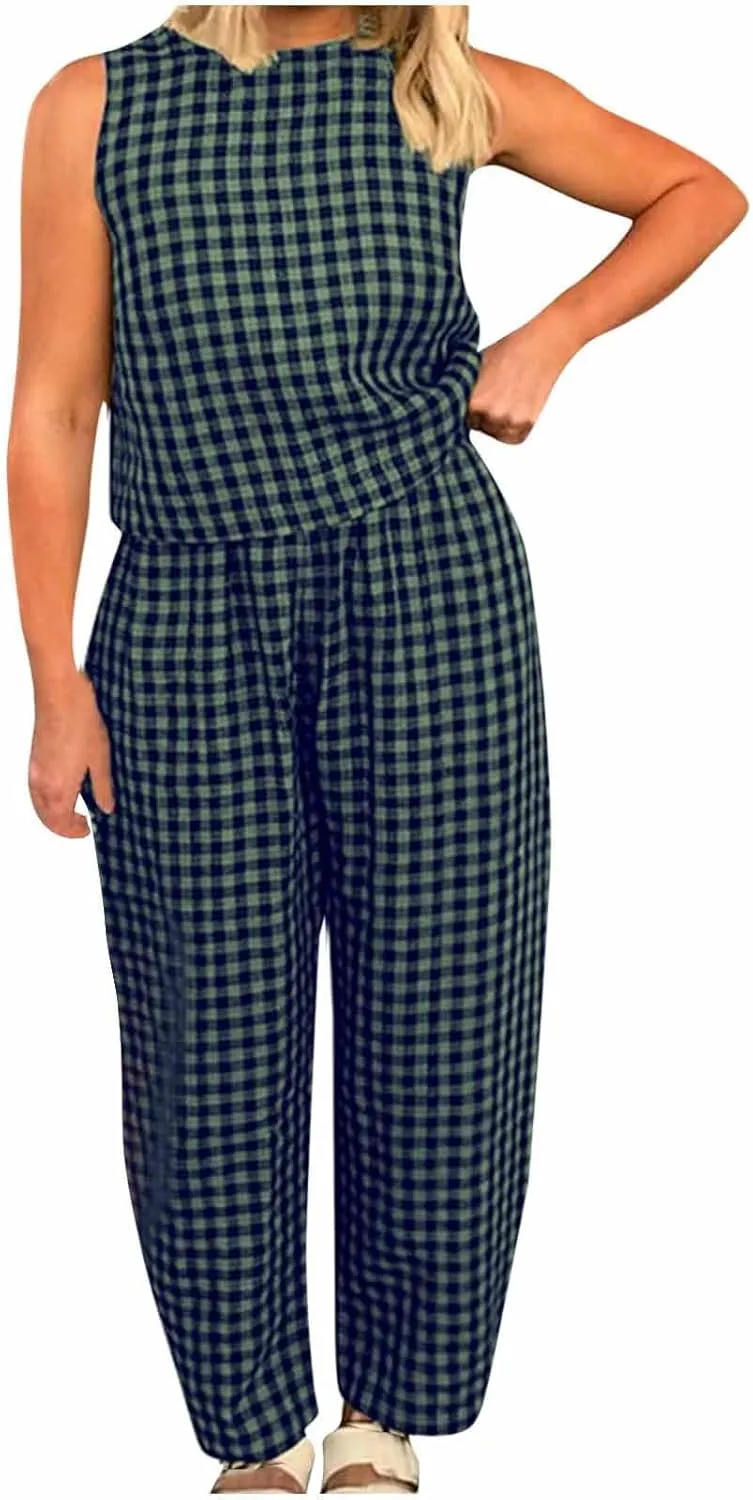 Women 2 Piece Summer Outfit Plaid Lounge Wear Sets Sleeveless Crop Tank Tops and Long Pant Set with Pocket Tracksuit