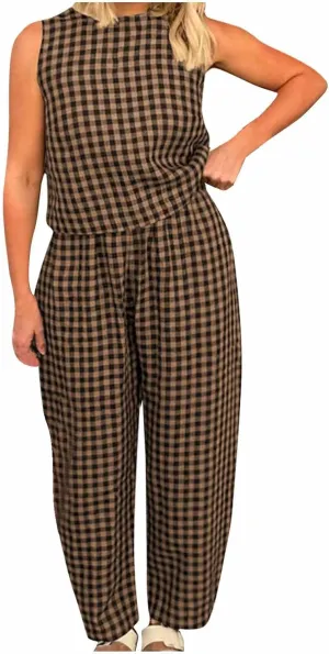 Women 2 Piece Summer Outfit Plaid Lounge Wear Sets Sleeveless Crop Tank Tops and Long Pant Set with Pocket Tracksuit