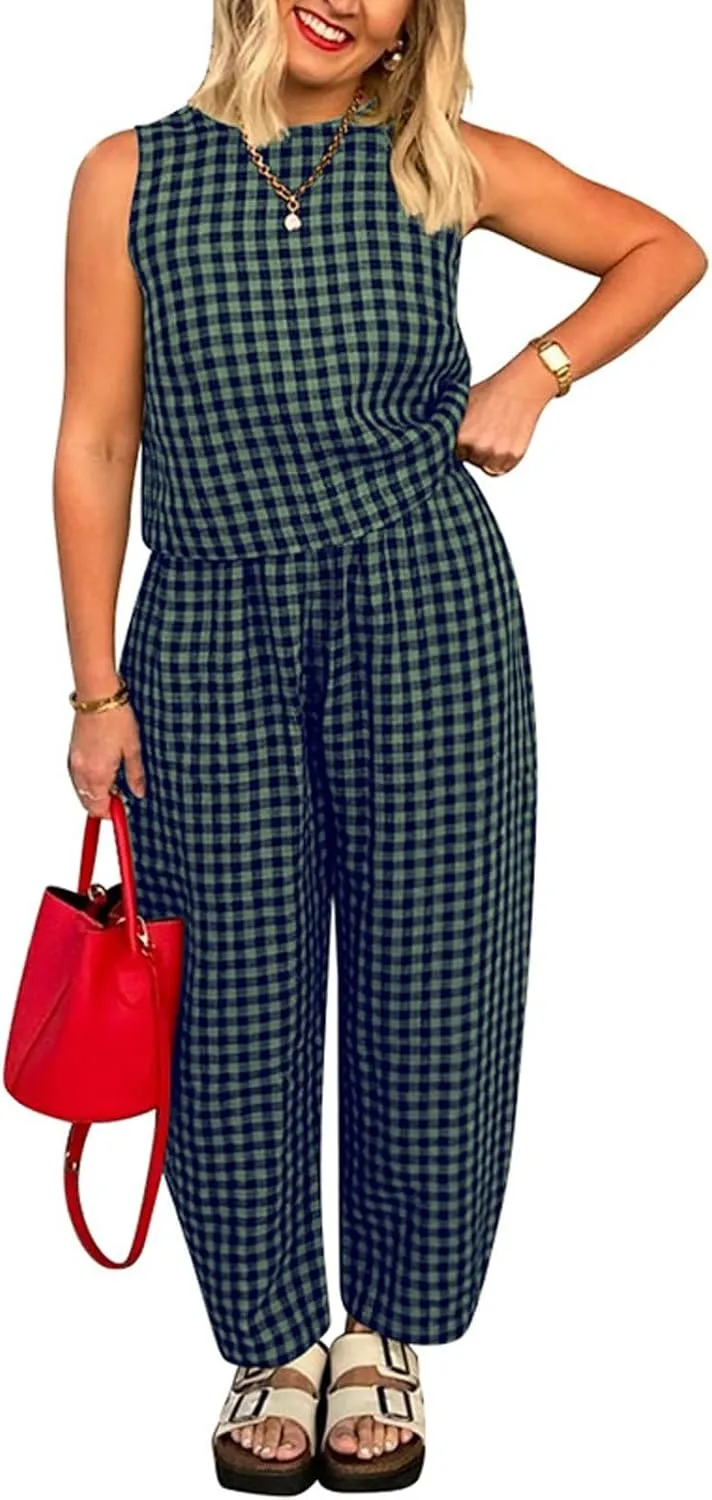 Women 2 Piece Summer Outfit Plaid Lounge Wear Sets Sleeveless Crop Tank Tops and Long Pant Set with Pocket Tracksuit