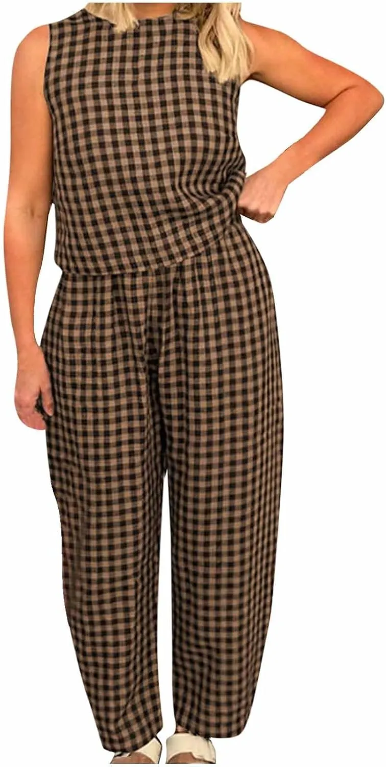 Women 2 Piece Summer Outfit Plaid Lounge Wear Sets Sleeveless Crop Tank Tops and Long Pant Set with Pocket Tracksuit