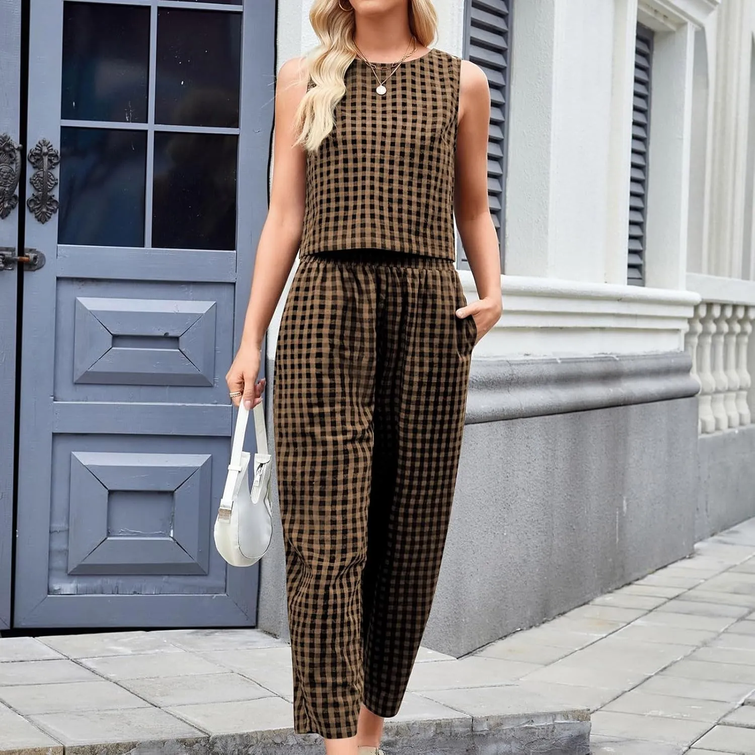 Women 2 Piece Summer Outfit Plaid Lounge Wear Sets Sleeveless Crop Tank Tops and Long Pant Set with Pocket Tracksuit