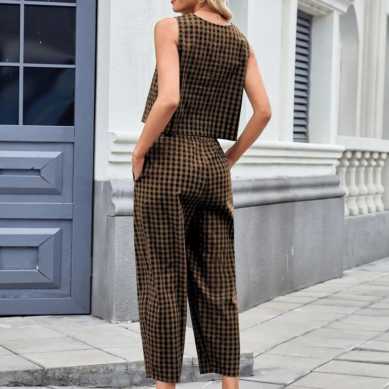 Women 2 Piece Summer Outfit Plaid Lounge Wear Sets Sleeveless Crop Tank Tops and Long Pant Set with Pocket Tracksuit