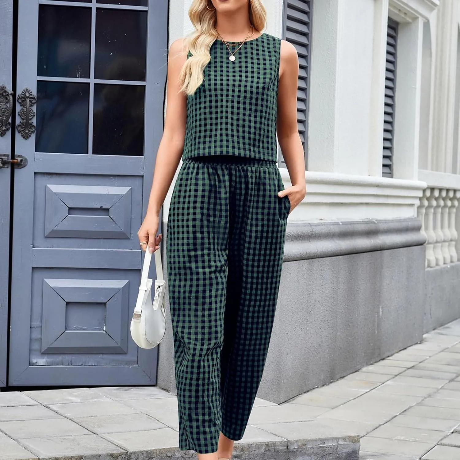 Women 2 Piece Summer Outfit Plaid Lounge Wear Sets Sleeveless Crop Tank Tops and Long Pant Set with Pocket Tracksuit