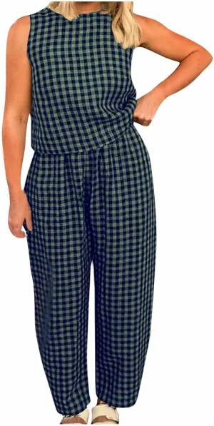 Women 2 Piece Summer Outfit Plaid Lounge Wear Sets Sleeveless Crop Tank Tops and Long Pant Set with Pocket Tracksuit