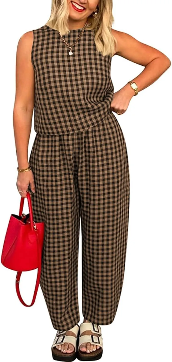 Women 2 Piece Summer Outfit Plaid Lounge Wear Sets Sleeveless Crop Tank Tops and Long Pant Set with Pocket Tracksuit