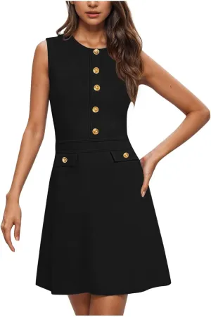 Women Casual Summer Dresses Sleeveless Elegant Midi Dress Decorative Button Ribbed Knitted Sundress Party Cocktail