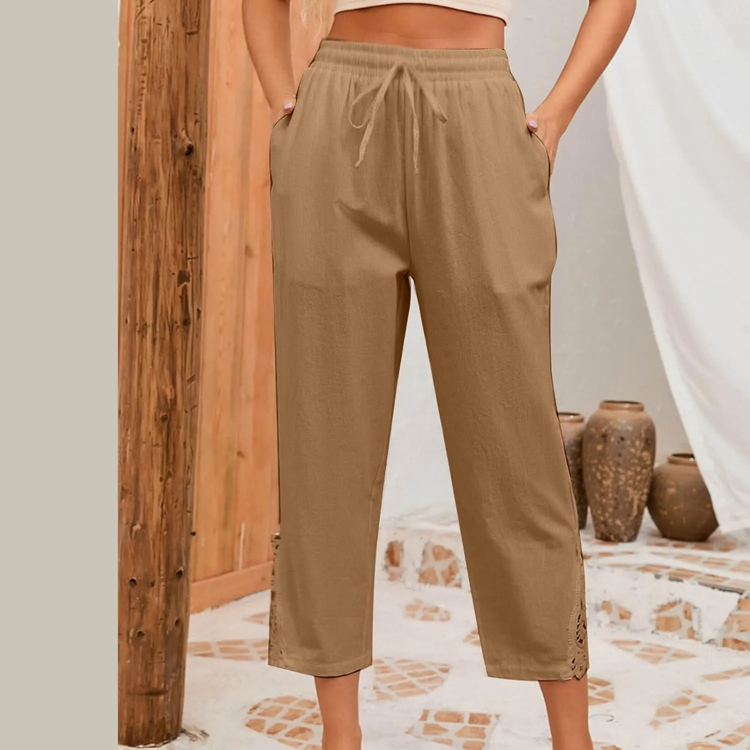 Women Cotton Linen Casual Crop Pants Drawstring Elastic Waist Sweatpants Vintage Graphic Trendy Trousers with Pockets