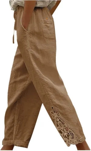 Women Cotton Linen Casual Crop Pants Drawstring Elastic Waist Sweatpants Vintage Graphic Trendy Trousers with Pockets