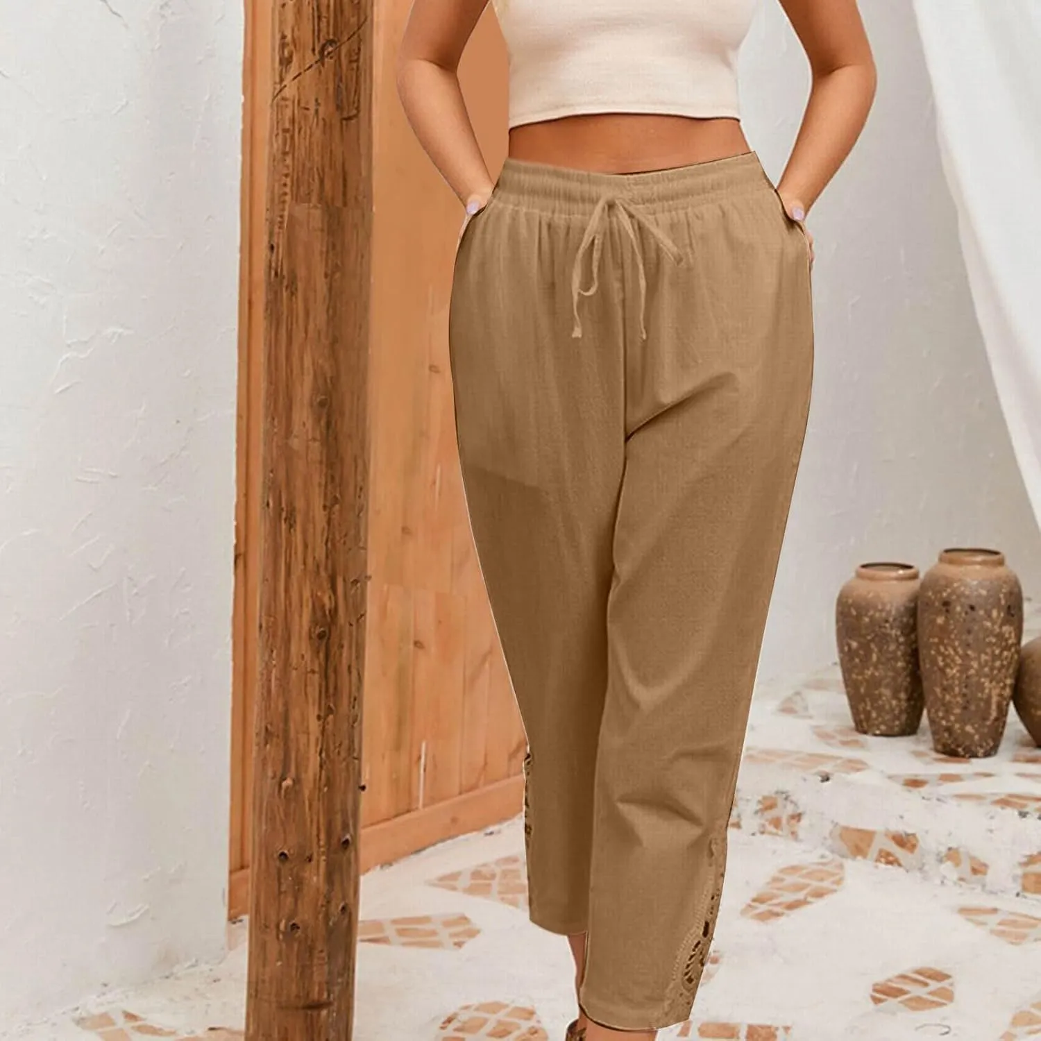Women Cotton Linen Casual Crop Pants Drawstring Elastic Waist Sweatpants Vintage Graphic Trendy Trousers with Pockets