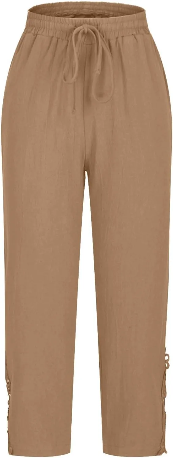 Women Cotton Linen Casual Crop Pants Drawstring Elastic Waist Sweatpants Vintage Graphic Trendy Trousers with Pockets