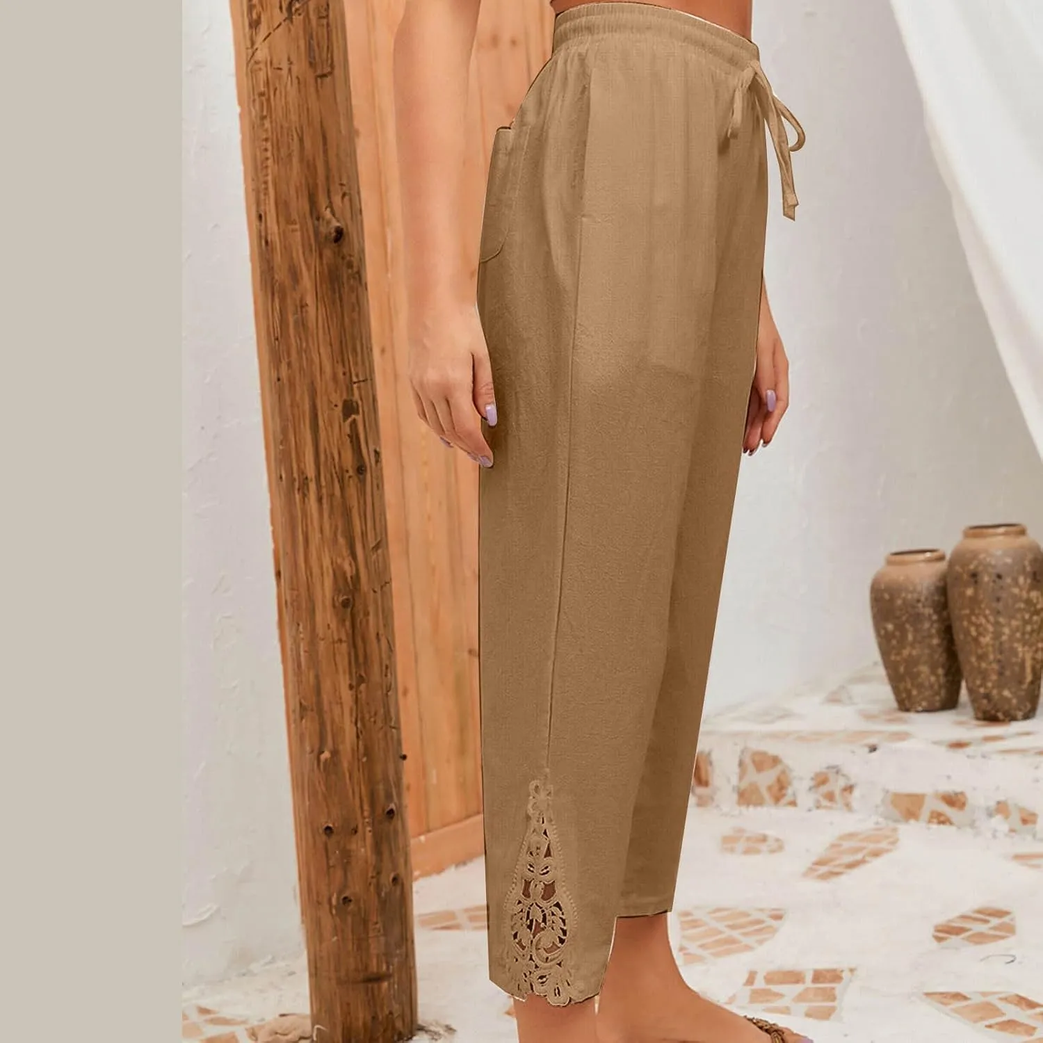 Women Cotton Linen Casual Crop Pants Drawstring Elastic Waist Sweatpants Vintage Graphic Trendy Trousers with Pockets