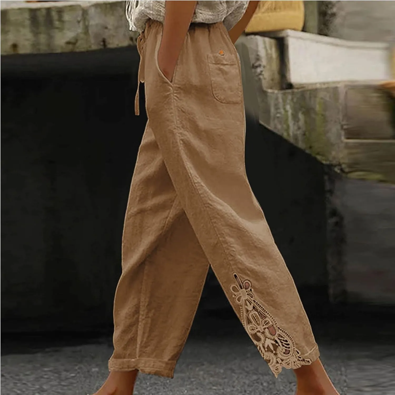 Women Cotton Linen Casual Crop Pants Drawstring Elastic Waist Sweatpants Vintage Graphic Trendy Trousers with Pockets