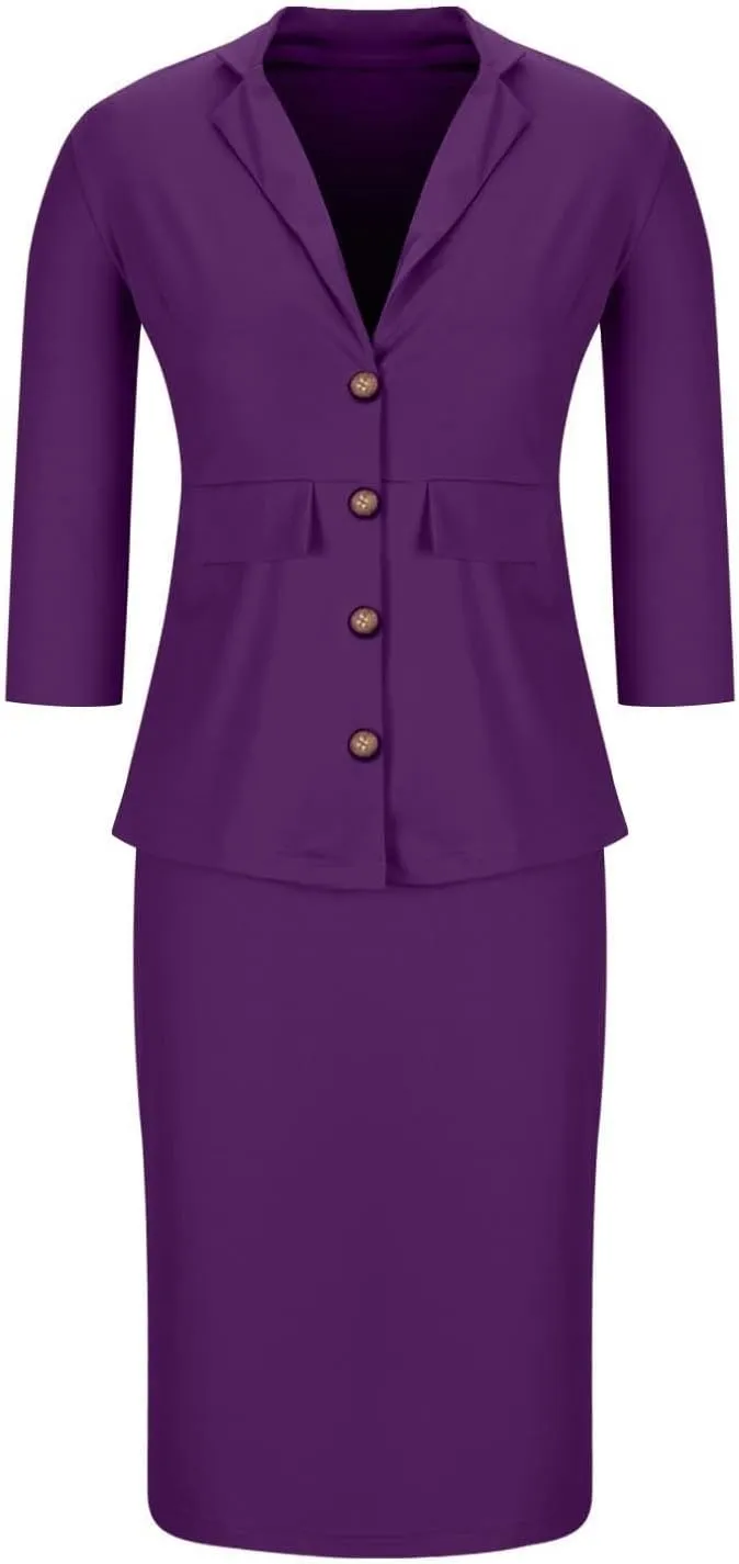 Women Dressy Solid Suits 2 Piece Set Business Skirt and 3/4 Sleeve Blazer Summer Fitted Casual Work Office Outfit