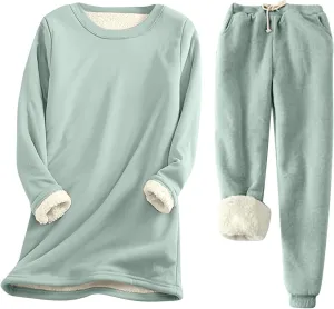 Women Fleece Lined Lounge Set Fall Winter 2 Piece Loungewear Soft Warm Fuzzy Pajamas Long Sleeve Tops with Pants Sets