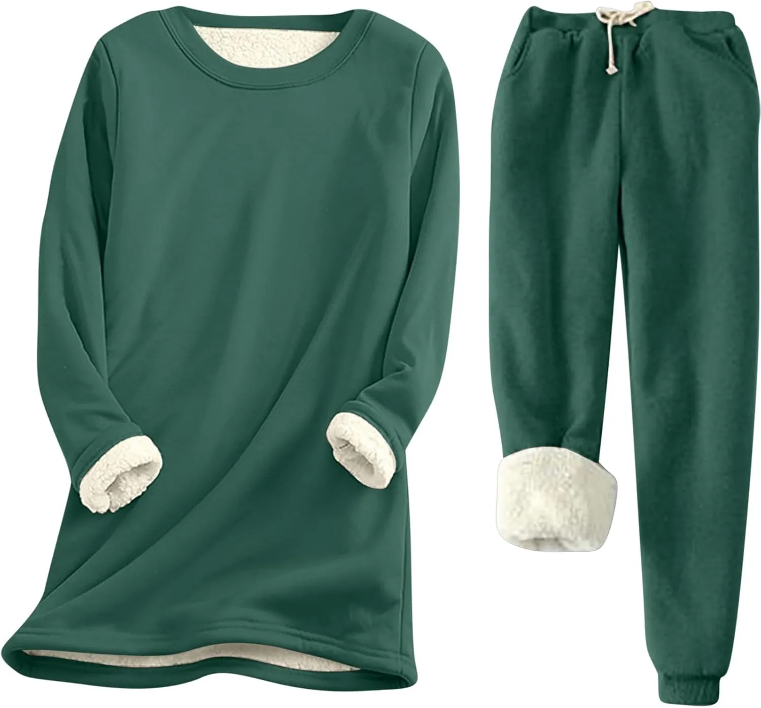 Women Fleece Lined Lounge Set Fall Winter 2 Piece Loungewear Soft Warm Fuzzy Pajamas Long Sleeve Tops with Pants Sets