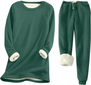 Women Fleece Lined Lounge Set Fall Winter 2 Piece Loungewear Soft Warm Fuzzy Pajamas Long Sleeve Tops with Pants Sets